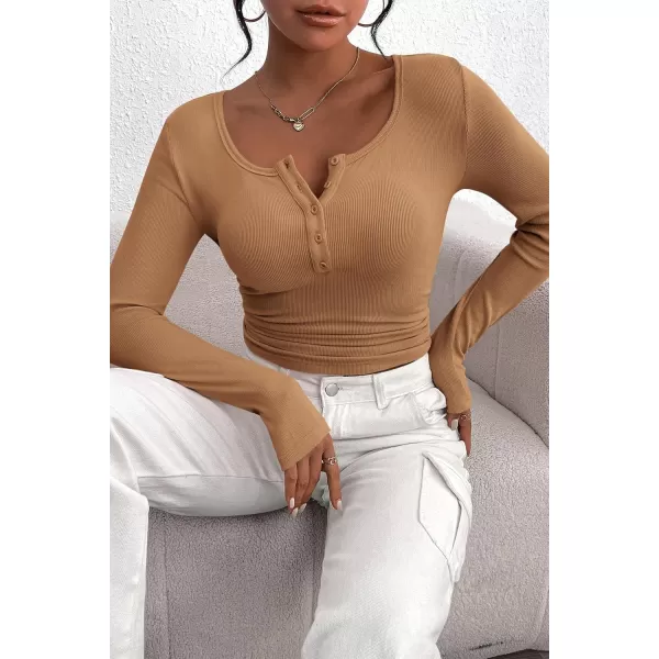 PRETTYGARDEN Womens 2024 Fall Long Sleeve Henley T Shirts Button Ribbed Knit Slim Fit Casual Basic Tops BlouseLight Camel