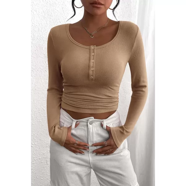 PRETTYGARDEN Womens 2024 Fall Long Sleeve Henley T Shirts Button Ribbed Knit Slim Fit Casual Basic Tops BlouseLight Khaki
