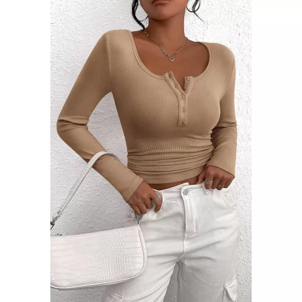 PRETTYGARDEN Womens 2024 Fall Long Sleeve Henley T Shirts Button Ribbed Knit Slim Fit Casual Basic Tops BlouseLight Khaki
