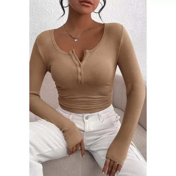 PRETTYGARDEN Womens 2024 Fall Long Sleeve Henley T Shirts Button Ribbed Knit Slim Fit Casual Basic Tops BlouseLight Khaki