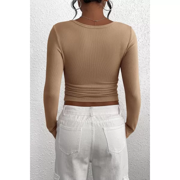 PRETTYGARDEN Womens 2024 Fall Long Sleeve Henley T Shirts Button Ribbed Knit Slim Fit Casual Basic Tops BlouseLight Khaki