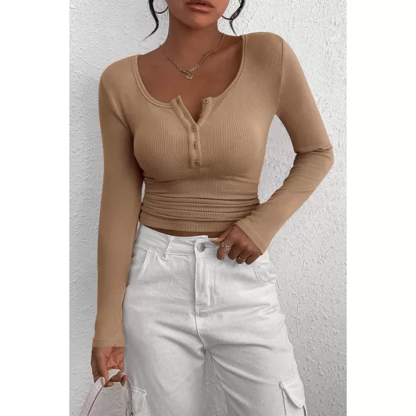 PRETTYGARDEN Womens 2024 Fall Long Sleeve Henley T Shirts Button Ribbed Knit Slim Fit Casual Basic Tops BlouseLight Khaki