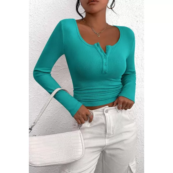 PRETTYGARDEN Womens 2024 Fall Long Sleeve Henley T Shirts Button Ribbed Knit Slim Fit Casual Basic Tops BlouseMalachite Green