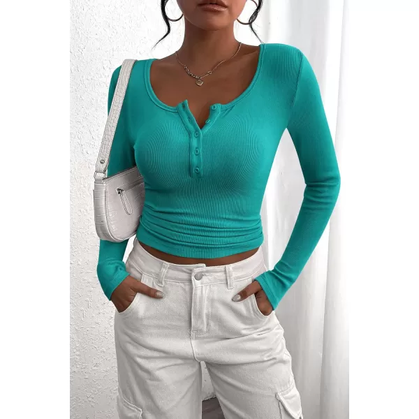 PRETTYGARDEN Womens 2024 Fall Long Sleeve Henley T Shirts Button Ribbed Knit Slim Fit Casual Basic Tops BlouseMalachite Green