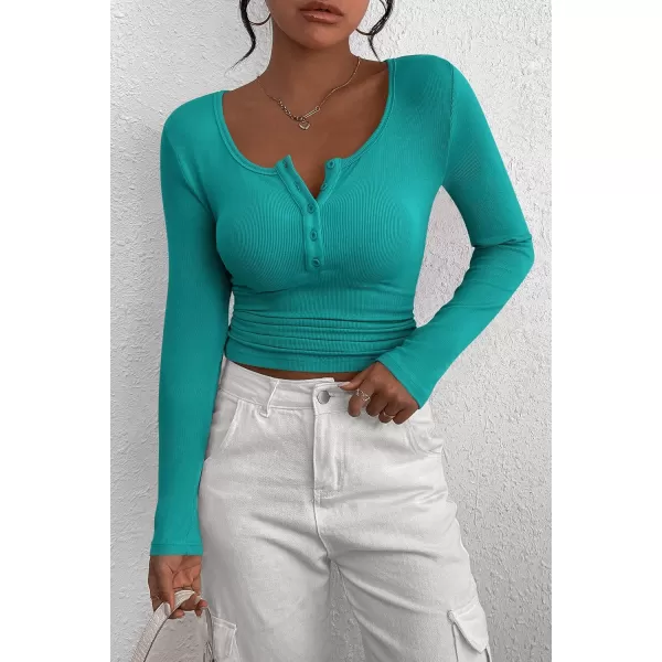 PRETTYGARDEN Womens 2024 Fall Long Sleeve Henley T Shirts Button Ribbed Knit Slim Fit Casual Basic Tops BlouseMalachite Green
