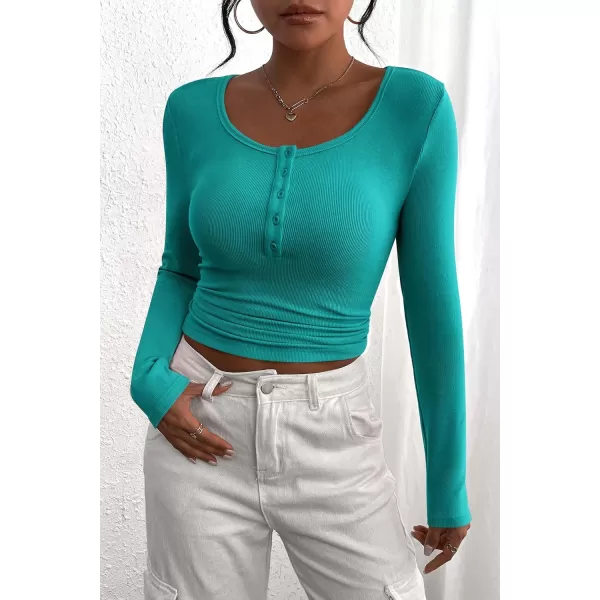 PRETTYGARDEN Womens 2024 Fall Long Sleeve Henley T Shirts Button Ribbed Knit Slim Fit Casual Basic Tops BlouseMalachite Green