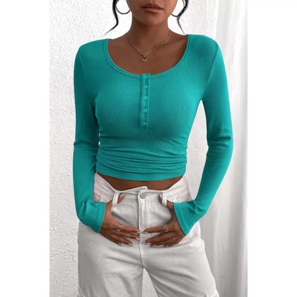 PRETTYGARDEN Womens 2024 Fall Long Sleeve Henley T Shirts Button Ribbed Knit Slim Fit Casual Basic Tops BlouseMalachite Green