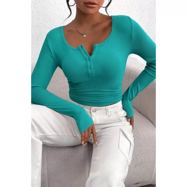 PRETTYGARDEN Womens 2024 Fall Long Sleeve Henley T Shirts Button Ribbed Knit Slim Fit Casual Basic Tops BlouseMalachite Green