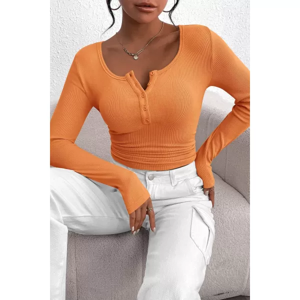 PRETTYGARDEN Womens 2024 Fall Long Sleeve Henley T Shirts Button Ribbed Knit Slim Fit Casual Basic Tops BlouseOrange