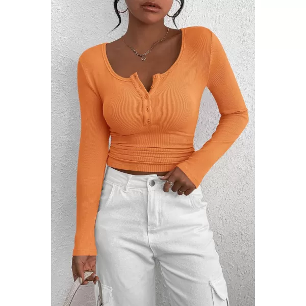 PRETTYGARDEN Womens 2024 Fall Long Sleeve Henley T Shirts Button Ribbed Knit Slim Fit Casual Basic Tops BlouseOrange