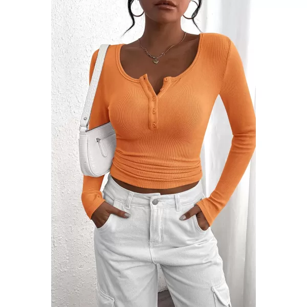 PRETTYGARDEN Womens 2024 Fall Long Sleeve Henley T Shirts Button Ribbed Knit Slim Fit Casual Basic Tops BlouseOrange