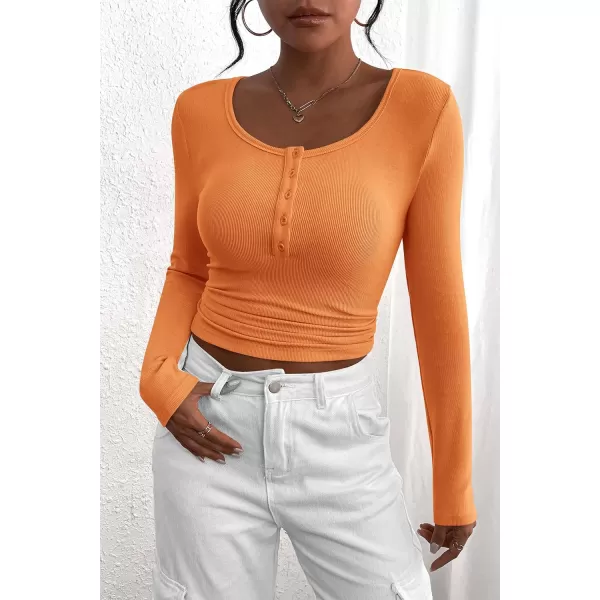 PRETTYGARDEN Womens 2024 Fall Long Sleeve Henley T Shirts Button Ribbed Knit Slim Fit Casual Basic Tops BlouseOrange