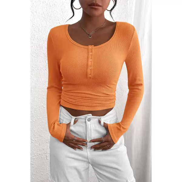 PRETTYGARDEN Womens 2024 Fall Long Sleeve Henley T Shirts Button Ribbed Knit Slim Fit Casual Basic Tops BlouseOrange