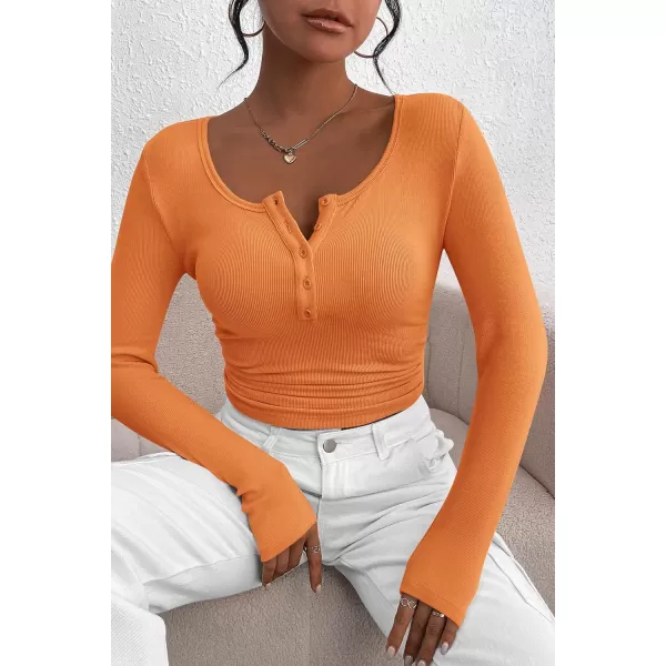PRETTYGARDEN Womens 2024 Fall Long Sleeve Henley T Shirts Button Ribbed Knit Slim Fit Casual Basic Tops BlouseOrange