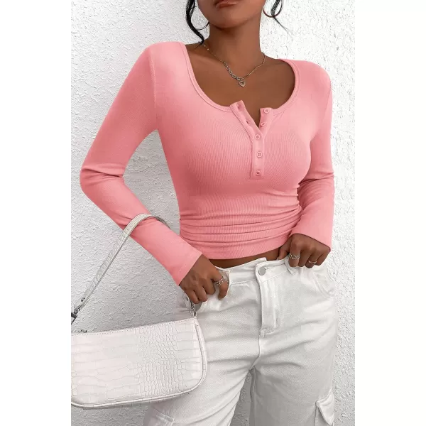 PRETTYGARDEN Womens 2024 Fall Long Sleeve Henley T Shirts Button Ribbed Knit Slim Fit Casual Basic Tops BlousePink