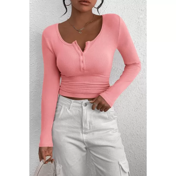 PRETTYGARDEN Womens 2024 Fall Long Sleeve Henley T Shirts Button Ribbed Knit Slim Fit Casual Basic Tops BlousePink