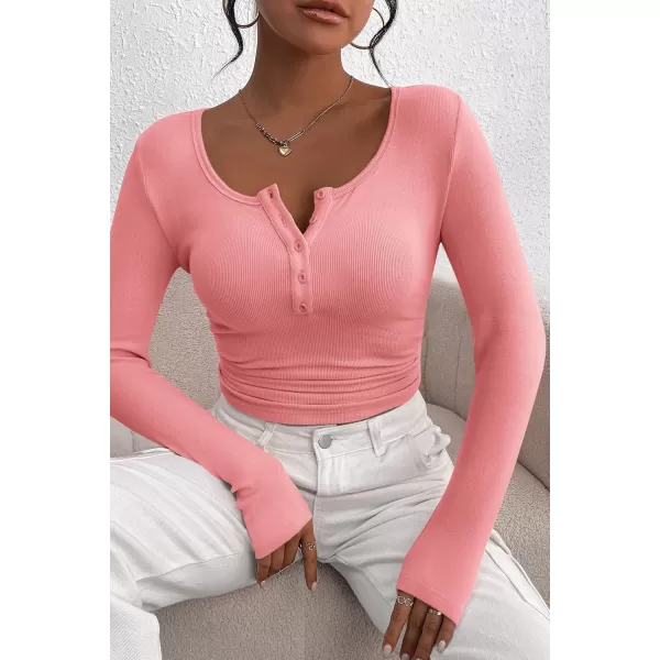 PRETTYGARDEN Womens 2024 Fall Long Sleeve Henley T Shirts Button Ribbed Knit Slim Fit Casual Basic Tops BlousePink