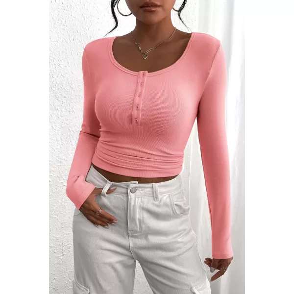 PRETTYGARDEN Womens 2024 Fall Long Sleeve Henley T Shirts Button Ribbed Knit Slim Fit Casual Basic Tops BlousePink