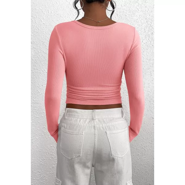 PRETTYGARDEN Womens 2024 Fall Long Sleeve Henley T Shirts Button Ribbed Knit Slim Fit Casual Basic Tops BlousePink