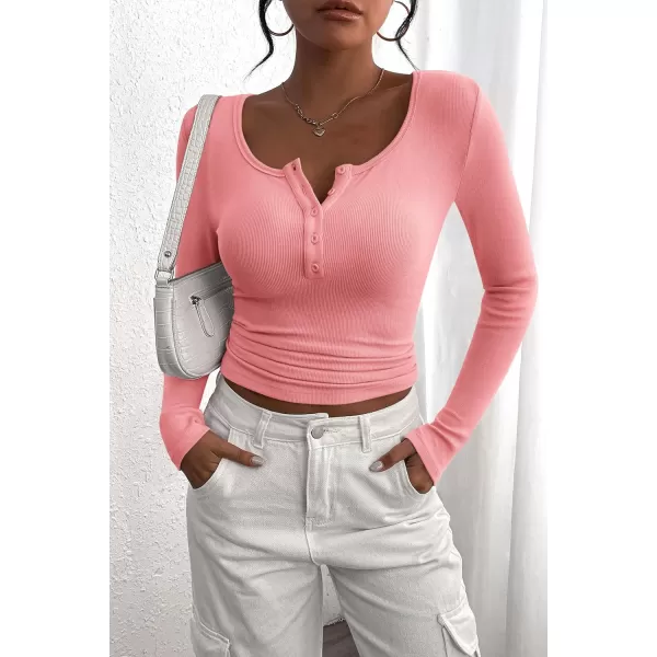 PRETTYGARDEN Womens 2024 Fall Long Sleeve Henley T Shirts Button Ribbed Knit Slim Fit Casual Basic Tops BlousePink