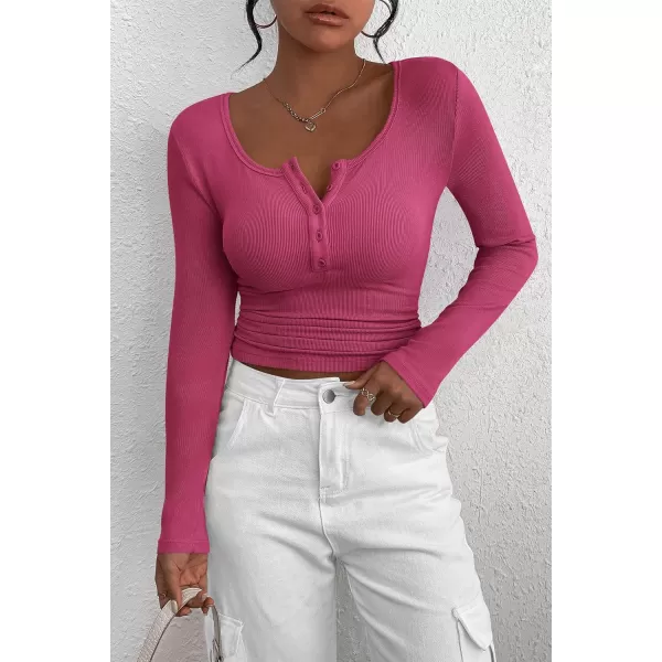 PRETTYGARDEN Womens 2024 Fall Long Sleeve Henley T Shirts Button Ribbed Knit Slim Fit Casual Basic Tops BlouseRose Red