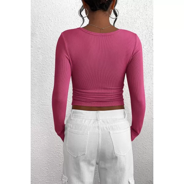 PRETTYGARDEN Womens 2024 Fall Long Sleeve Henley T Shirts Button Ribbed Knit Slim Fit Casual Basic Tops BlouseRose Red