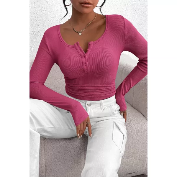 PRETTYGARDEN Womens 2024 Fall Long Sleeve Henley T Shirts Button Ribbed Knit Slim Fit Casual Basic Tops BlouseRose Red