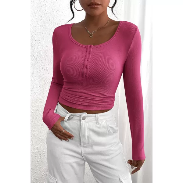 PRETTYGARDEN Womens 2024 Fall Long Sleeve Henley T Shirts Button Ribbed Knit Slim Fit Casual Basic Tops BlouseRose Red
