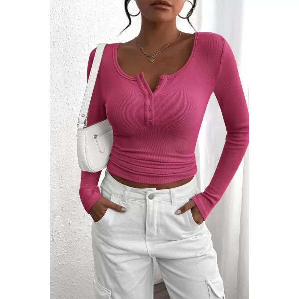 PRETTYGARDEN Womens 2024 Fall Long Sleeve Henley T Shirts Button Ribbed Knit Slim Fit Casual Basic Tops BlouseRose Red