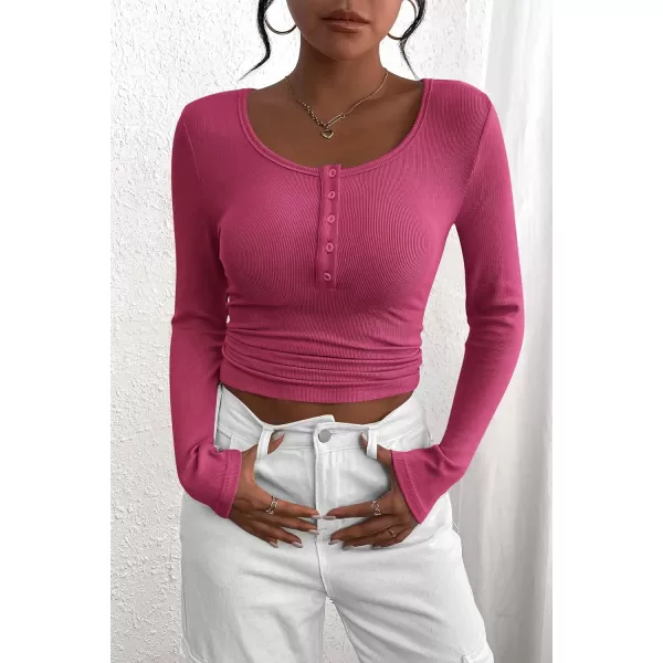 PRETTYGARDEN Womens 2024 Fall Long Sleeve Henley T Shirts Button Ribbed Knit Slim Fit Casual Basic Tops BlouseRose Red