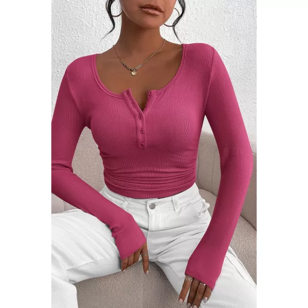 PRETTYGARDEN Womens 2024 Fall Long Sleeve Henley T Shirts Button Ribbed Knit Slim Fit Casual Basic Tops BlouseRose Red