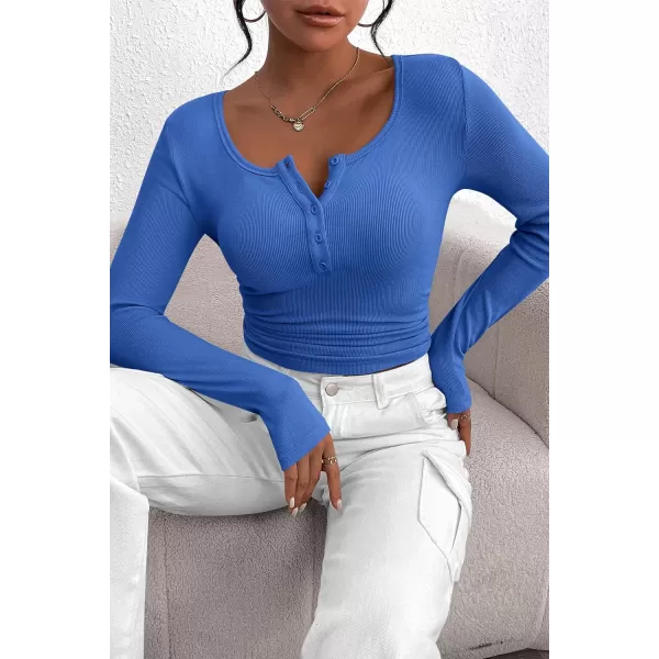 PRETTYGARDEN Womens 2024 Fall Long Sleeve Henley T Shirts Button Ribbed Knit Slim Fit Casual Basic Tops BlouseRoyal Blue