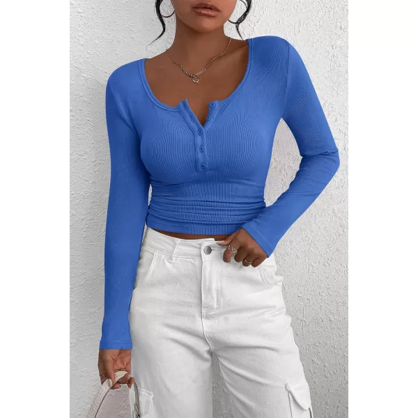 PRETTYGARDEN Womens 2024 Fall Long Sleeve Henley T Shirts Button Ribbed Knit Slim Fit Casual Basic Tops BlouseRoyal Blue