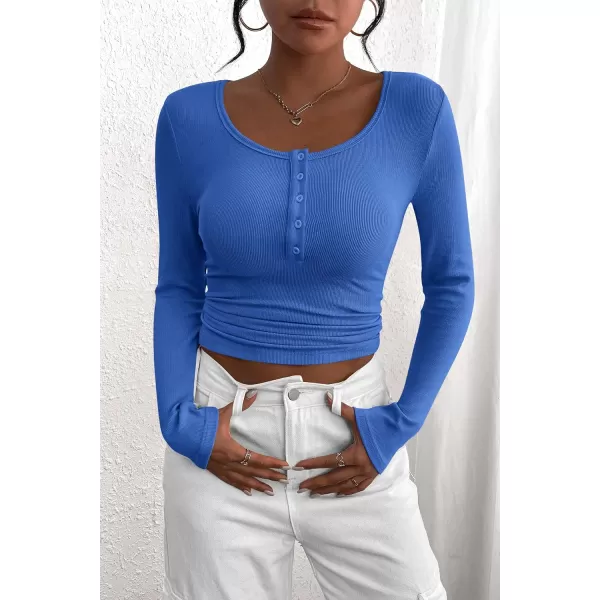 PRETTYGARDEN Womens 2024 Fall Long Sleeve Henley T Shirts Button Ribbed Knit Slim Fit Casual Basic Tops BlouseRoyal Blue