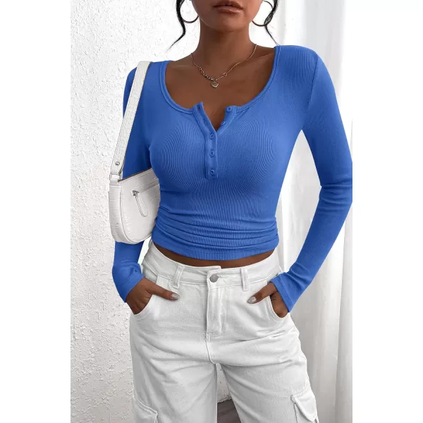 PRETTYGARDEN Womens 2024 Fall Long Sleeve Henley T Shirts Button Ribbed Knit Slim Fit Casual Basic Tops BlouseRoyal Blue