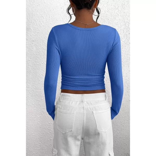 PRETTYGARDEN Womens 2024 Fall Long Sleeve Henley T Shirts Button Ribbed Knit Slim Fit Casual Basic Tops BlouseRoyal Blue