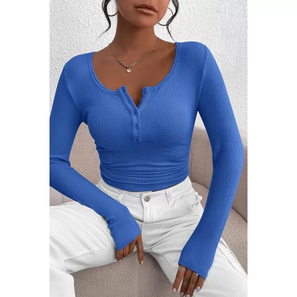PRETTYGARDEN Womens 2024 Fall Long Sleeve Henley T Shirts Button Ribbed Knit Slim Fit Casual Basic Tops BlouseRoyal Blue