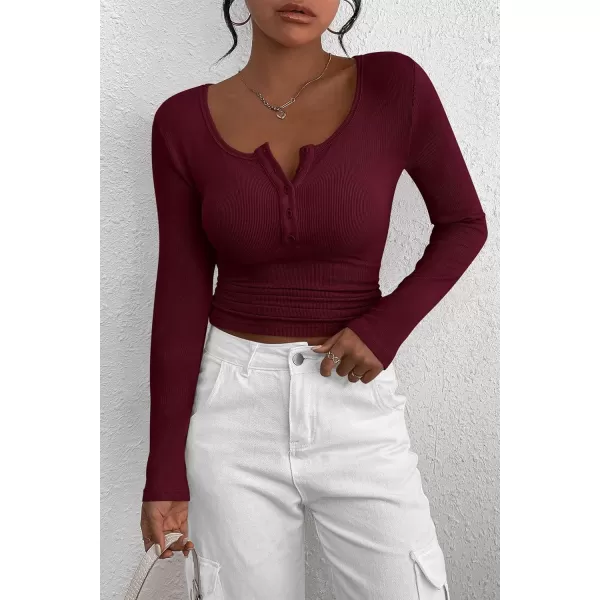 PRETTYGARDEN Womens 2024 Fall Long Sleeve Henley T Shirts Button Ribbed Knit Slim Fit Casual Basic Tops BlouseWine Red
