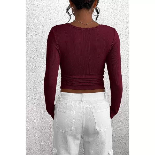 PRETTYGARDEN Womens 2024 Fall Long Sleeve Henley T Shirts Button Ribbed Knit Slim Fit Casual Basic Tops BlouseWine Red