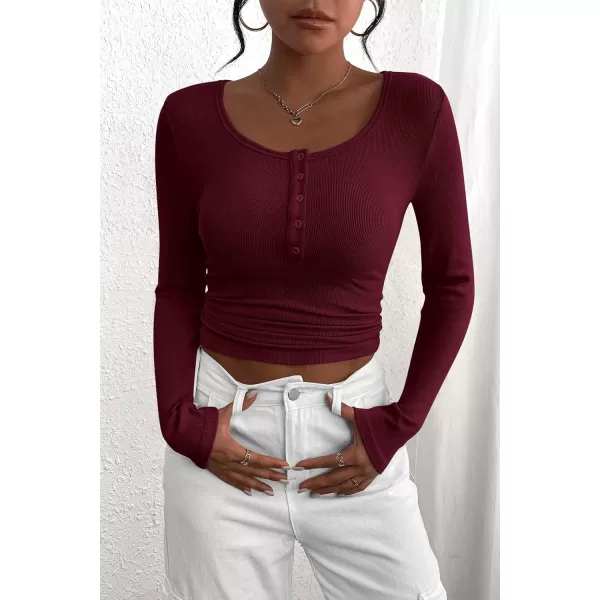 PRETTYGARDEN Womens 2024 Fall Long Sleeve Henley T Shirts Button Ribbed Knit Slim Fit Casual Basic Tops BlouseWine Red