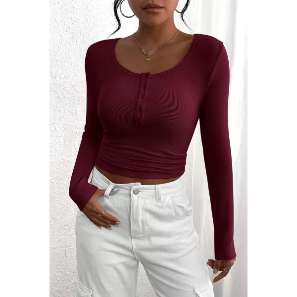 PRETTYGARDEN Womens 2024 Fall Long Sleeve Henley T Shirts Button Ribbed Knit Slim Fit Casual Basic Tops BlouseWine Red