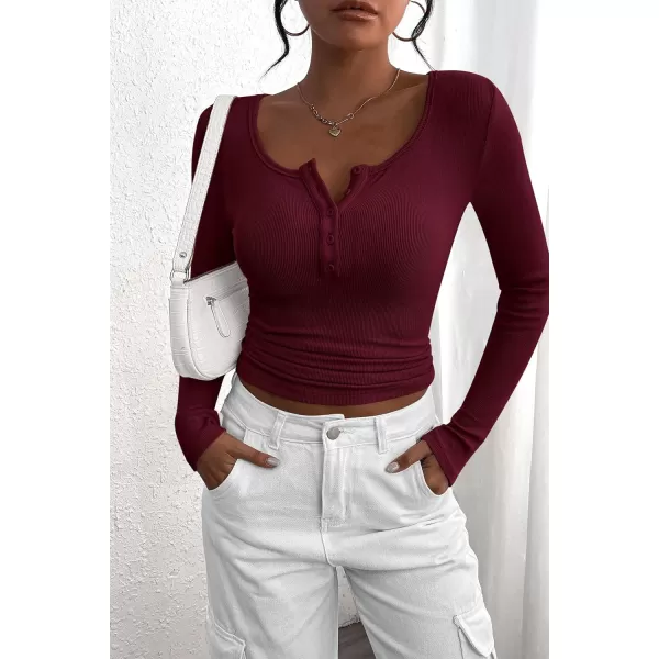 PRETTYGARDEN Womens 2024 Fall Long Sleeve Henley T Shirts Button Ribbed Knit Slim Fit Casual Basic Tops BlouseWine Red