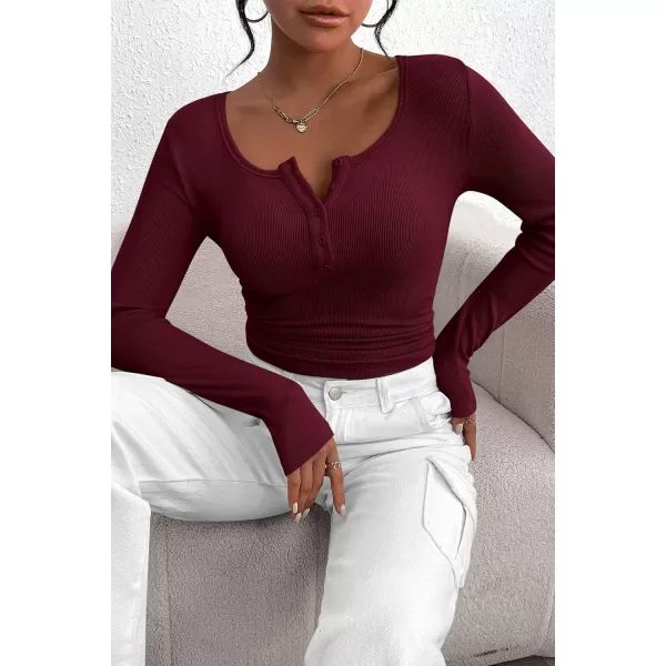 PRETTYGARDEN Womens 2024 Fall Long Sleeve Henley T Shirts Button Ribbed Knit Slim Fit Casual Basic Tops BlouseWine Red