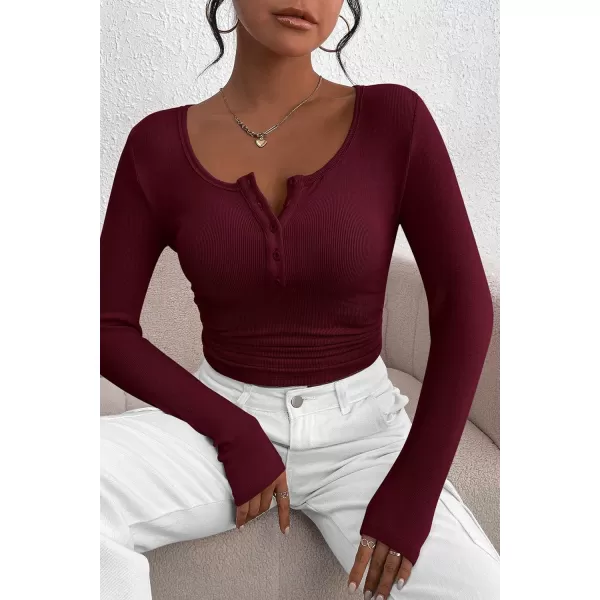 PRETTYGARDEN Womens 2024 Fall Long Sleeve Henley T Shirts Button Ribbed Knit Slim Fit Casual Basic Tops BlouseWine Red