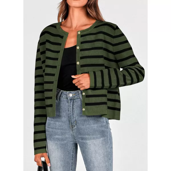PRETTYGARDEN Womens 2024 Winter Cardigan Sweaters Button Down Open Front Long Sleeve Knit Cardigans Shirt Trendy OuterwearStriped Army Green