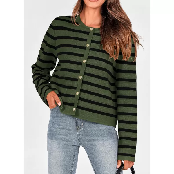 PRETTYGARDEN Womens 2024 Winter Cardigan Sweaters Button Down Open Front Long Sleeve Knit Cardigans Shirt Trendy OuterwearStriped Army Green