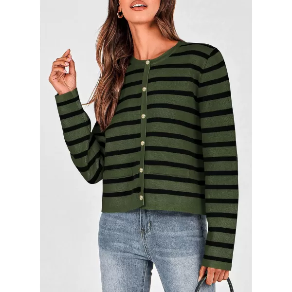 PRETTYGARDEN Womens 2024 Winter Cardigan Sweaters Button Down Open Front Long Sleeve Knit Cardigans Shirt Trendy OuterwearStriped Army Green