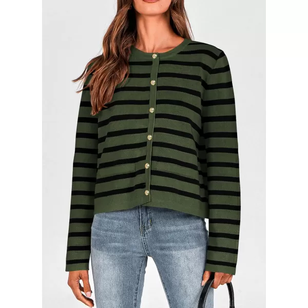 PRETTYGARDEN Womens 2024 Winter Cardigan Sweaters Button Down Open Front Long Sleeve Knit Cardigans Shirt Trendy OuterwearStriped Army Green