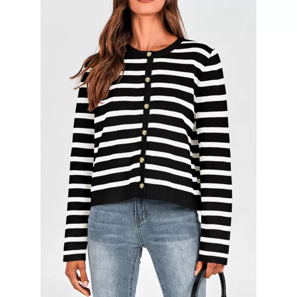 PRETTYGARDEN Womens 2024 Winter Cardigan Sweaters Button Down Open Front Long Sleeve Knit Cardigans Shirt Trendy OuterwearStriped Black