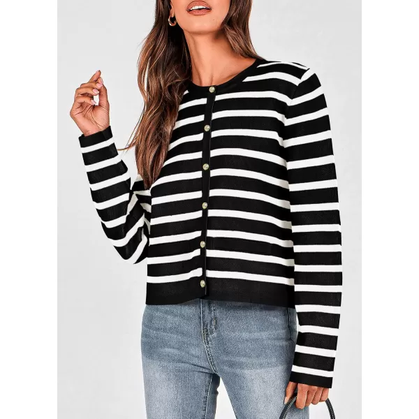 PRETTYGARDEN Womens 2024 Winter Cardigan Sweaters Button Down Open Front Long Sleeve Knit Cardigans Shirt Trendy OuterwearStriped Black
